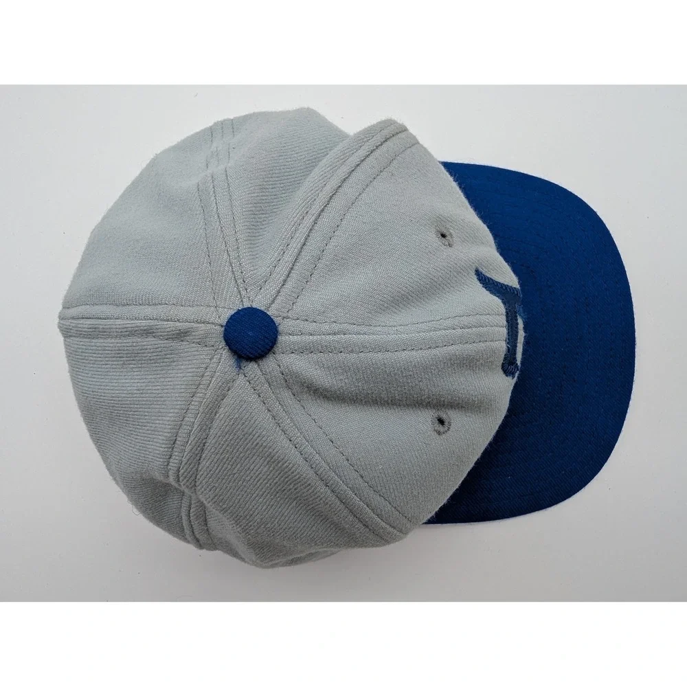 Vintage DeLONG Snapback Hat Grey Blue Letter F Baseball Cap Made in USA Med-LG